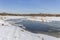 Panorama of a meadow with a river with melting ice.