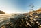 Panorama melting ice of Lake Baikal near the cape shamanka