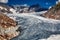 Panorama of melting rhone glacier in swiss alps