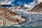 Panorama of melting rhone glacier in swiss alps