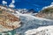 Panorama of melting rhone glacier in swiss alps