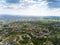 Panorama of the mestain near the town of Jaslo in Poland from a bird`s eye view. Aerial photography of landscapes and settlements.