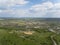 Panorama of the mestain near the town of Jaslo in Poland from a bird`s eye view. Aerial photography of landscapes and settlements.