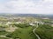 Panorama of the mestain near the town of Jaslo in Poland from a bird`s eye view. Aerial photography of landscapes and settlements