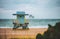 Panorama of Miami Beach, Florida. Miami Beach with lifeguard tower and coastline with colorful cloud and blue sky.