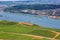 Panorama of the middle Rhine River valley with beautiful vineyards sloping down to a distant medieval village of