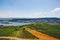 Panorama of the middle Rhine River valley with beautiful vineyards sloping down to a distant medieval village of