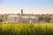 Panorama of modern metal silo in countryside