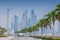 Panorama of modern skyscrapers Dubai Marina from the Palm Jumeirah Island, United Arab Emirates