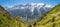 The panorama of Mont Blanc massif Les Aiguilles towers and Aigulle du Vertre peak