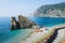 Panorama of Monterosso al Mare Beach, in season, a coastal village and resort in Cinque Terre, Liguria, Italy