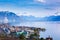 Panorama of Montreux city, Lake Geneva and amazing mountains in Switzerland