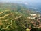 Panorama of the Montserrat mountain valley in blue fog - aerial shot, top view