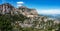 Panorama of Montserrat rocks with built monastery located near Barcelona, Spain