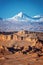 Panorama of Moon Valley in Atacama desert, snowy Andes mountain range in the background, Chile