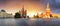 Panorama in Moscow at sunrise, Red square with saint Basil in Russia