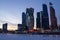 Panorama of Moscow at sunset. Winter. Moscow. Russia. Panorama made from multiple photos.