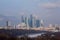 Panorama of Moscow at sunset. Winter. Moscow. Russia. Panorama made from multiple photos.