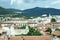 Panorama of Mostar, in Bosnia and Herzegovina, seen from above, with a focus on war damaged buildings due to the 1991-1995 war