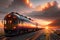 The Panorama of a Motorized Train\\\'s Magnificent View on the Rails, Beneath the Unique Beauty of a Sunset and Clouds. AI