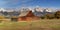 Panorama of Moulton\'s Barn and the Grand Tetons