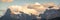 Panorama of Mount Outram at sunset, view from Icefields Parkway in Banff National Park, Alberta, Rocky Mountains Canada