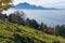 Panorama of Mount Pilatus and Lake Lucerne covered with frog, Alps, Switzerland