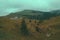 Panorama Mountain pile trees in line  Foggy Carpathian Mountains peaks on a foggy autumn morning. Bucegi Mountains, Romania Europe