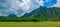 Panorama of the mountain range by famous Kualoa Ranch in Oahu, H