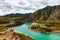 Panorama of mountain river on background of beautiful mountains in cloudy weather. View of turquoise river in the