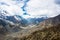 Panorama of the mountain river Bagmati near the village of Manang, Nepal.