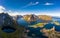 Panorama of mountains, fjords and fishing villages in Lofoten islands, Norway