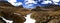 Panorama of mountains and valley of glacial rivers in the remote Cordillera Huayhuash Circuit near Caraz in Peru