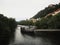 Panorama of Murinsel artifical island building cafe amphitheatre sea shell footbridge on Mur river Graz Styria Austria