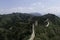Panorama of Mutianyu, section of the Great Wall of China. Mountains and hill ranges surrounded by green trees during summer. Hua