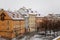 Panorama of Na Kampe Street and square on Kampa Island under Charles Bridge, Prague Venice under snow in winter day, Mala Strana