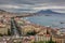 Panorama of Naples, view of the port in the Gulf of Naples and Mount Vesuvius.