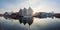 Panorama of National Maritime Museum and Sodek ship at sunrise, Motlawa river embankment, Gdansk, Poland