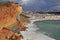 Panorama of Nazare town with dramatic sky, Portugal