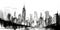 Panorama New York city USA, sketch illustration of skyscrapers, black and white