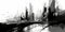 Panorama New York city USA, sketch illustration of skyscrapers, black and white