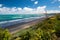 Panorama of Ngarunui beach, perfect surfing spot in Raglan, New Zealand