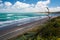 Panorama of Ngarunui beach, perfect surfing spot in Raglan, New Zealand