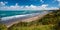 Panorama of Ngarunui beach, perfect surfing spot in Raglan, New Zealand