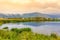 Panorama of Ngorongoro crater National Park with the Lake Magadi. Safari Tours in Savannah of Africa. Beautiful landscape scenery