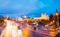 Panorama With Night Traffic On Illuninated Street And Cathedral Of Holy Spirit In Minsk. Famous And Main Orthodox Church