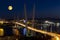 Panorama of night Vladivostok in the full moon. Golden bridge.