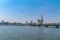 Panorama of the Nile River, view of the Cairo city bridges buildings and pyramids