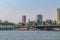 Panorama of the Nile River, view of the Cairo city bridges buildings and pyramids