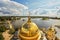 Panorama of the Nilo-Stolobensky desert in the Tver region on the background of lake Seliger with the dome of the Epiphany Cathedr